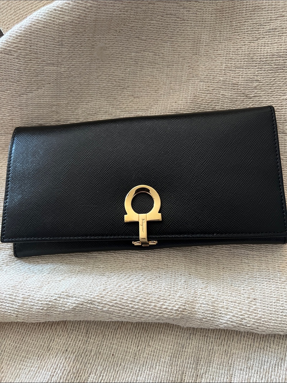 Salvatore Ferragamo Black Leather Clutch with Gold Gancini